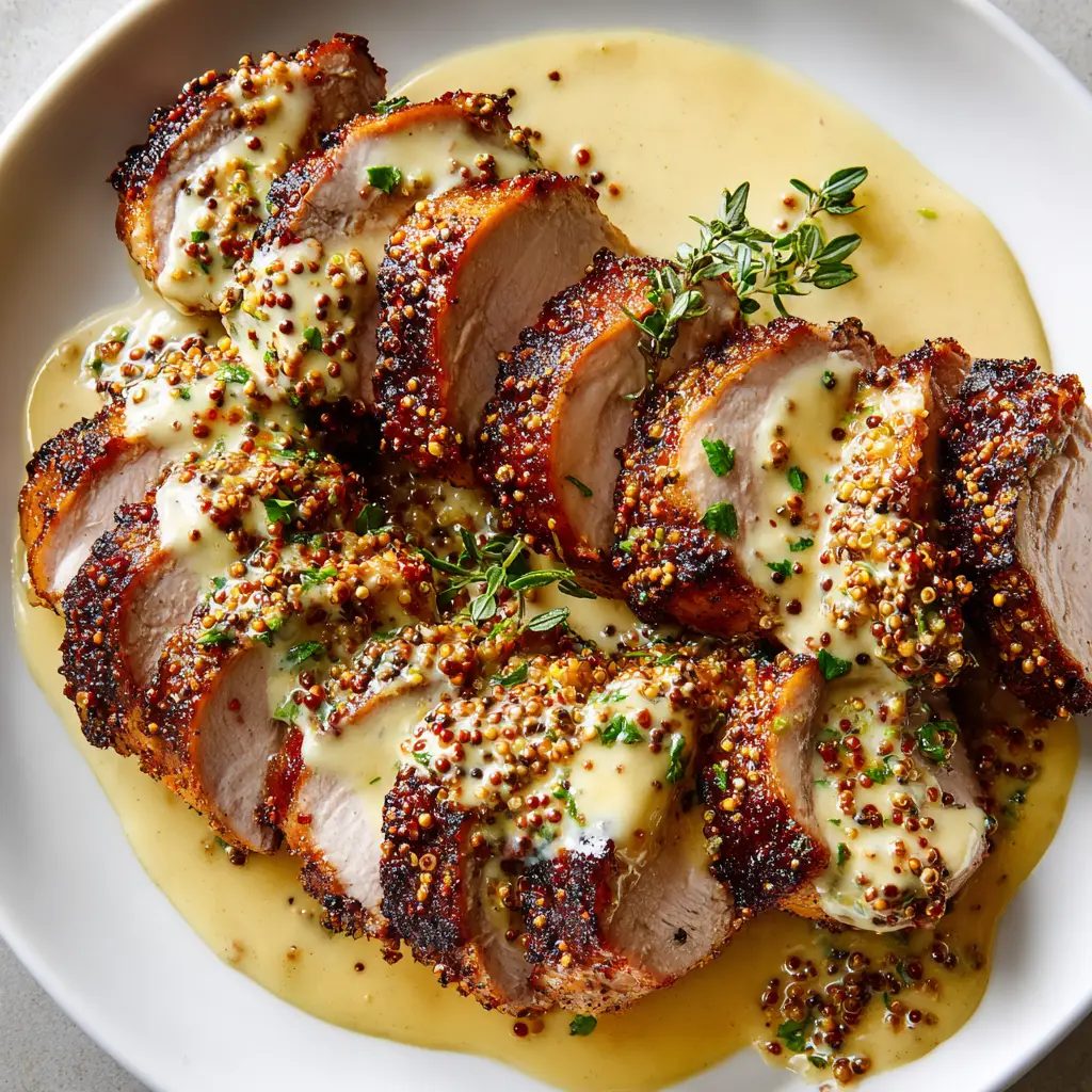 Thick pork tenderloin slices searing in a hot cast iron skillet, developing a dark golden-brown caramelized crust.