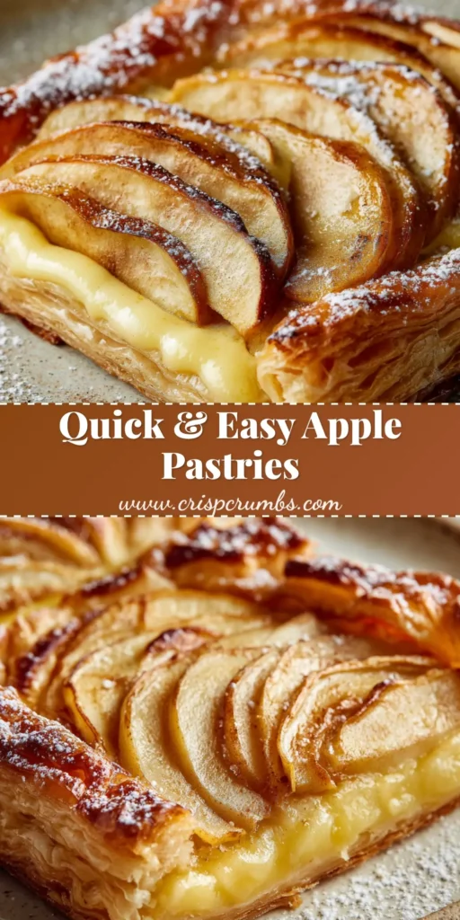 A slice of baked Apple Puff Pastry showing flaky crust, vanilla custard, overlapping apples, and a dusting of powdered sugar.