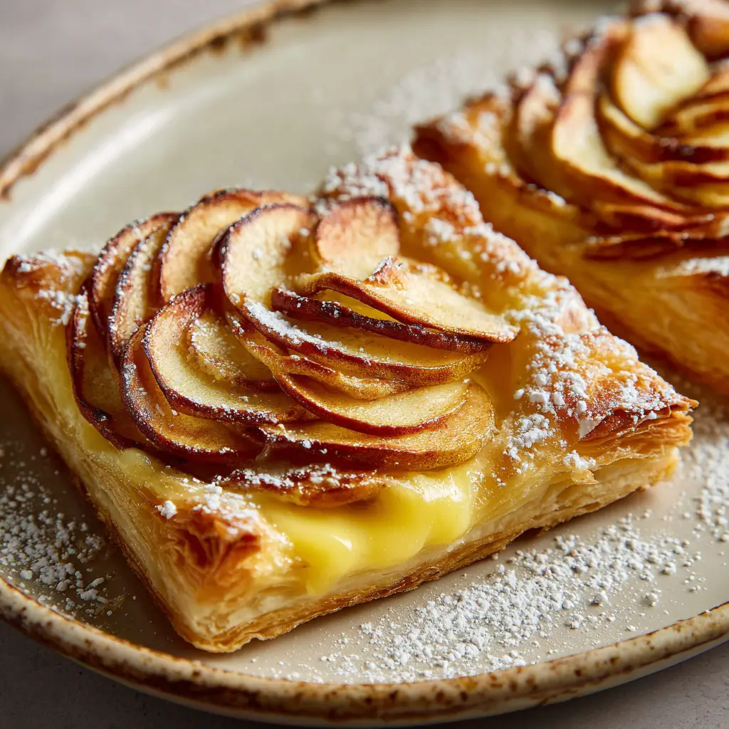 Detailed shot of an Apple Puff Pastry tart highlighting the cinnamon-brown spice glaze and powdered sugar.