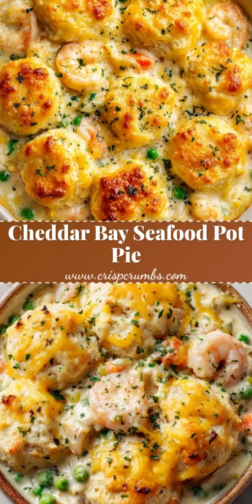 A close-up of a rustic seafood pot pie in a round ceramic baking dish topped with golden-brown cheddar drop biscuits and parsley.