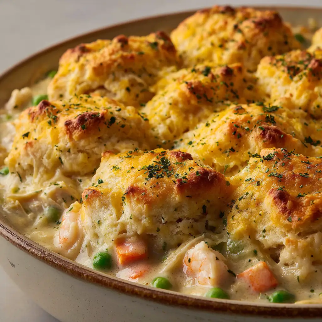 Freshly baked uneven golden-brown drop biscuits with melted yellow cheddar cheese shreds and a melted butter sheen on top of a seafood pot pie.