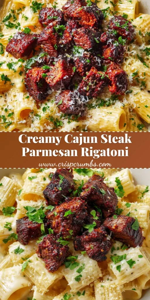 A rustic white ceramic bowl of al dente rigatoni heavily coated in a thick pale-yellow Parmesan cream sauce, topped with charred Cajun steak tips.