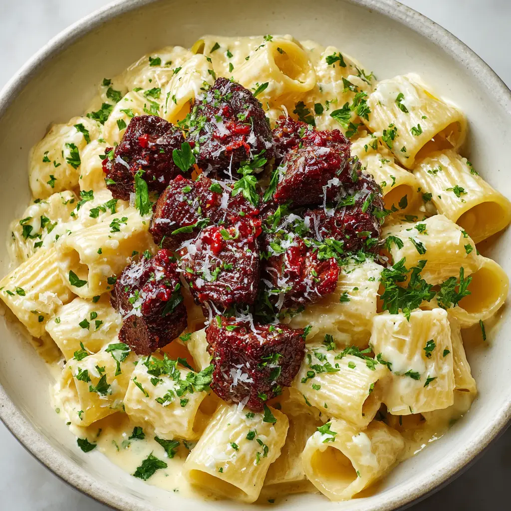 Al dente rigatoni pasta boiling in a large pot of salted water.