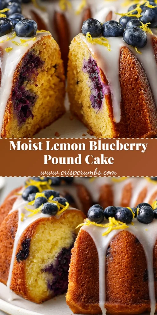 Freshly baked lemon blueberry bundt cake with a slice cut out, showing dense golden crumb with jammy blueberries, topped with thick white icing, fresh blueberries, and curled lemon zest.