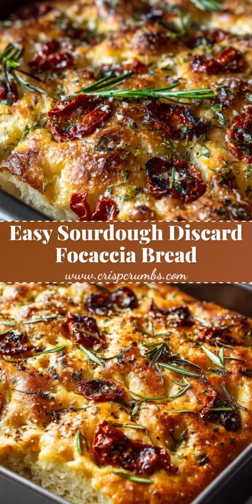 A close-up view of thick baked sourdough discard focaccia in a dark metal pan, showing deep olive oil filled dimples, charred red sun-dried tomatoes, caramelized roasted garlic, melted artisan cheese pockets, coarse white sea salt, and fresh green rosemary.