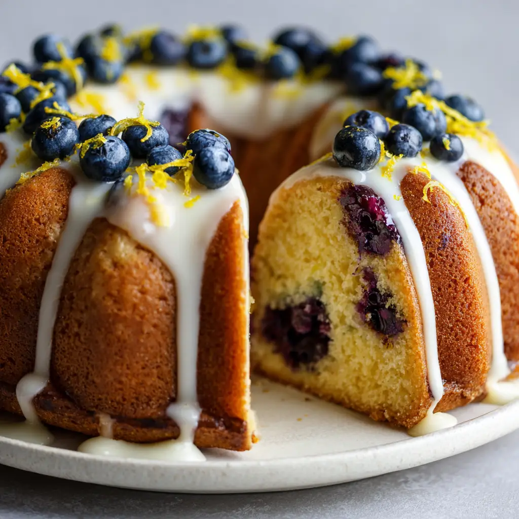 Thick white opaque lemon icing glaze dripping down the deep golden-brown fluted crust of a bundt cake.