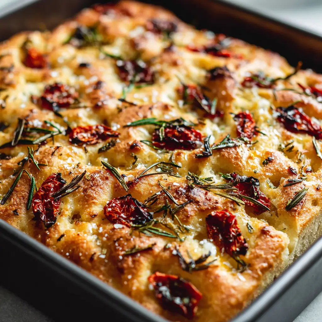 Sourdough focaccia bread embedded with slightly charred red sun-dried tomatoes, melted cheese, and herbs in a rectangular dark metal baking pan.