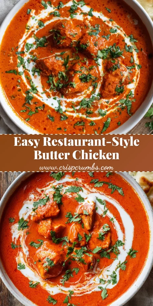 A close-up overhead shot of a white ceramic bowl filled with vibrant orange-red creamy butter chicken curry. Tender chunks of simmered chicken breast are partially submerged in the thick, velvety tomato-cream sauce. (Butter Chicken Recipe)