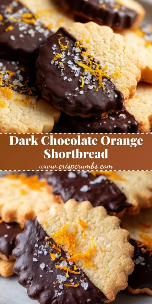 A close-up of dark chocolate orange shortbread cookies with a glossy chocolate half-coating, orange zest curls, and coarse sea salt.