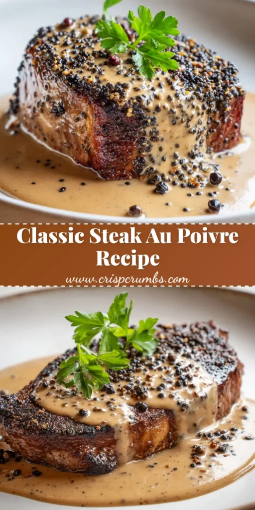 A perfectly seared Steak Au Poivre resting on a white ceramic plate, smothered in a velvety light-brown peppercorn cream sauce and garnished with fresh parsley.