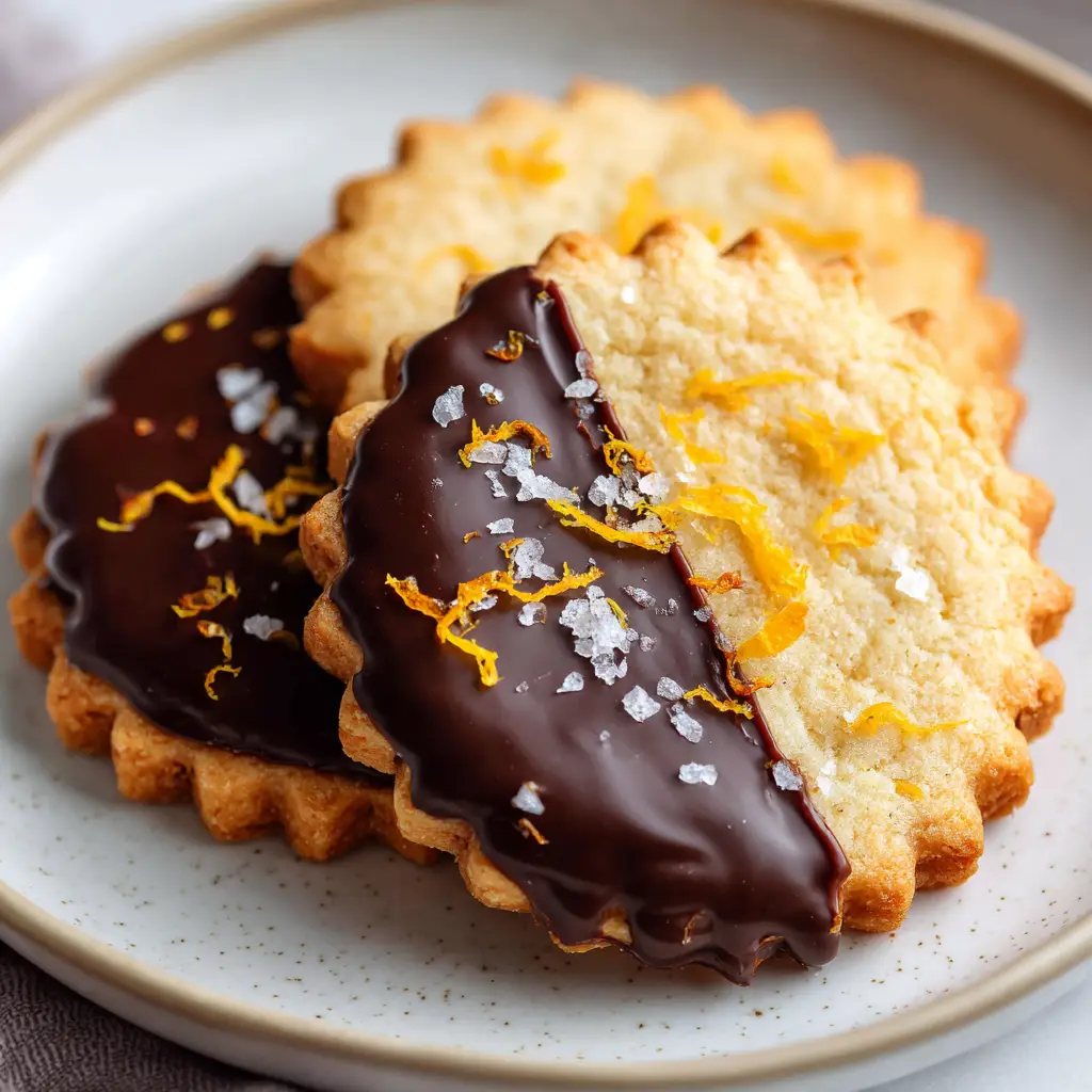 Scalloped round pale golden-brown shortbread cookies resting on a matte white ceramic plate, partially dipped in chocolate.