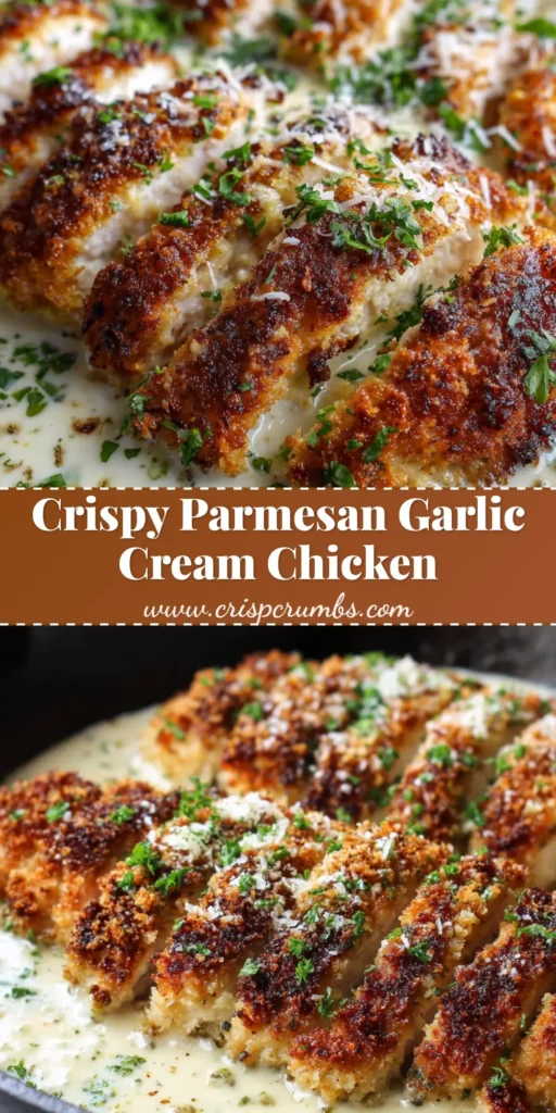 Close up photo of golden brown Parmesan crusted chicken breasts sliced into thick strips, resting in a shallow pool of white creamy garlic sauce, garnished with parsley and grated parmesan.