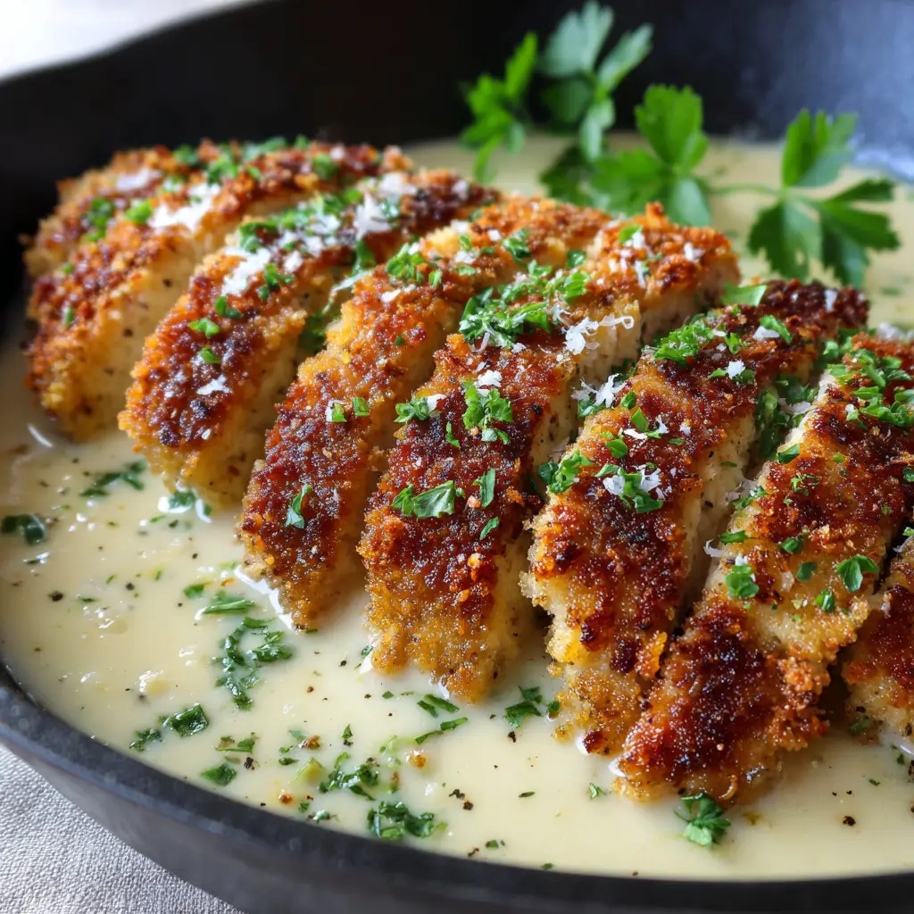 Thick slices of golden brown, textured crispy parmesan breaded chicken resting in a cast iron skillet filled with glossy white cream sauce speckled with black pepper.
