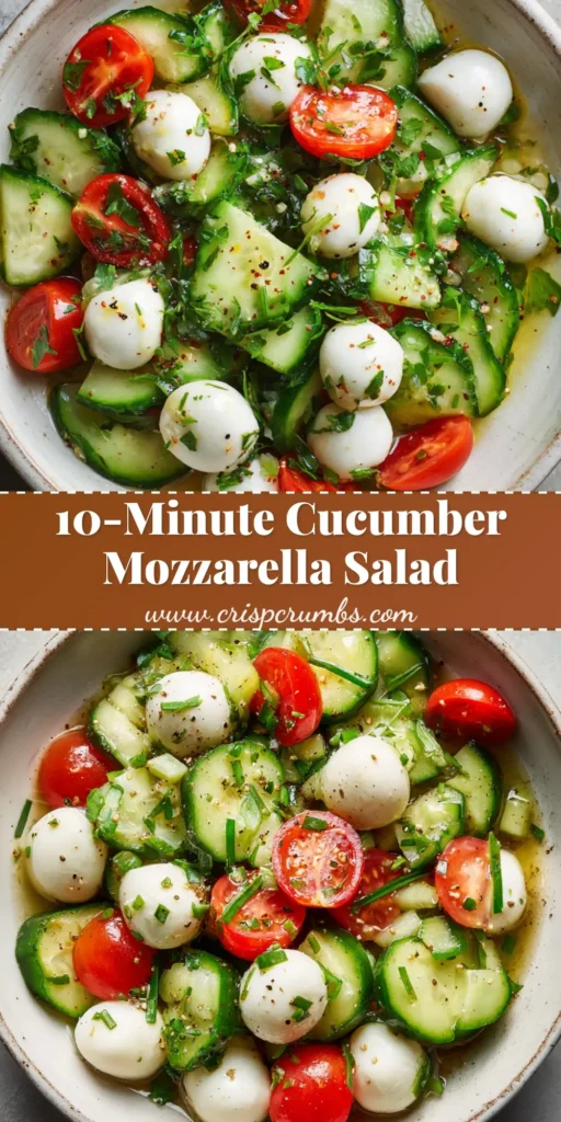 A close-up, overhead photo of a fresh Cucumber Mozzarella Salad in a shallow, rustic white ceramic bowl.