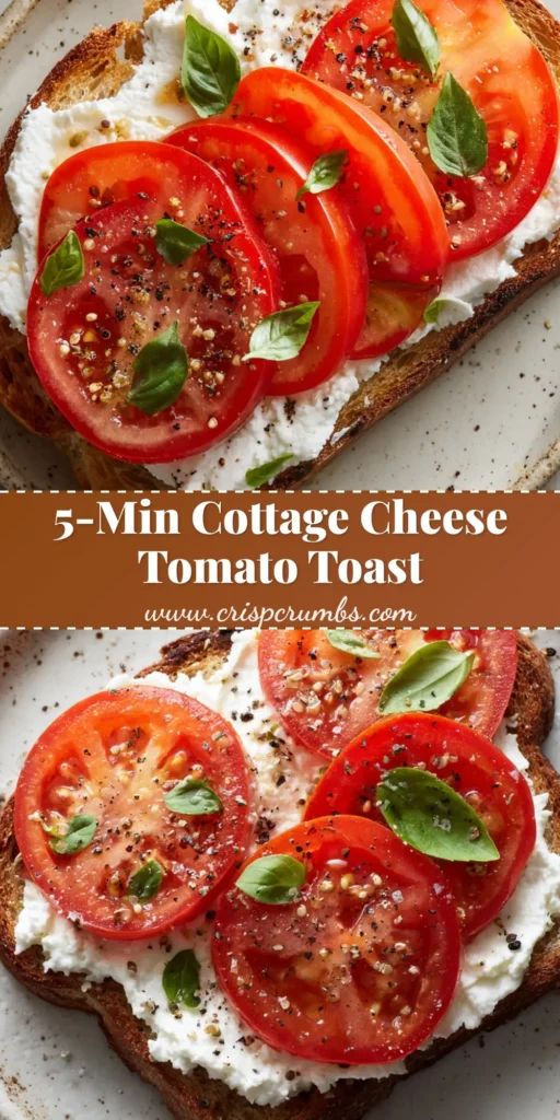 A top-down view of cottage cheese toast topped with juicy red tomatoes and torn basil on a speckled ceramic plate.