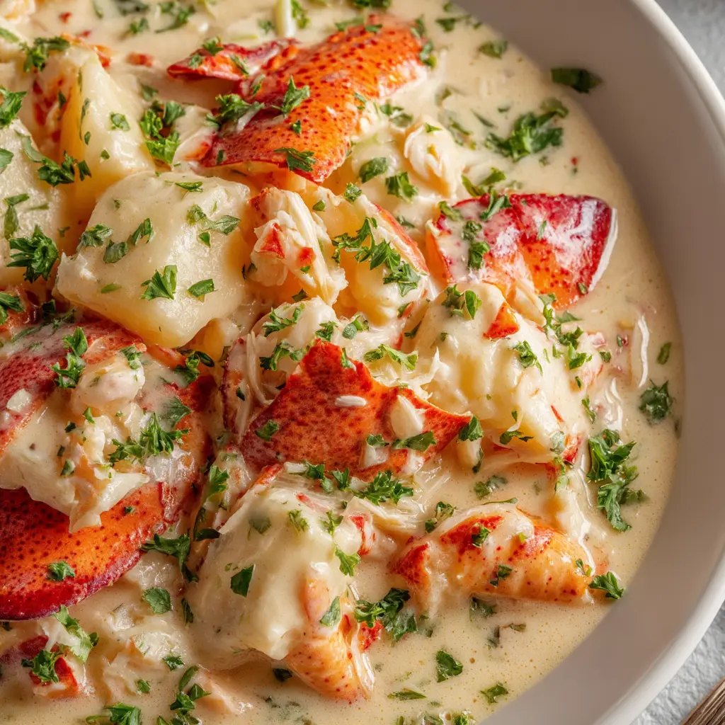 Two individual lobster pot pies with golden-brown puff pastry crusts, fresh out of the oven and ready to serve.