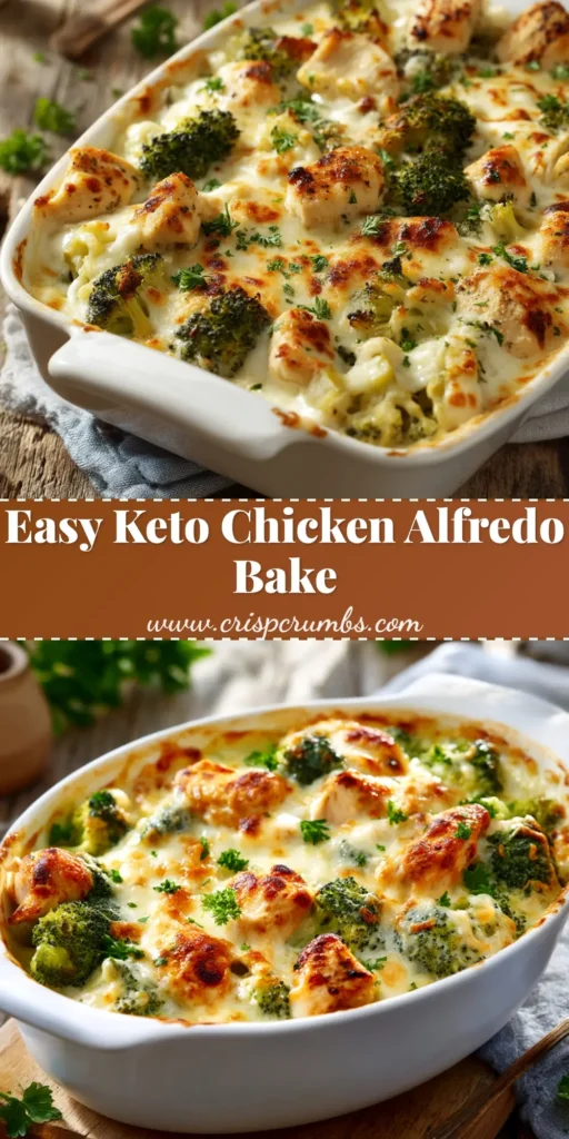 A top-down view of a delicious Keto Chicken Alfredo Broccoli Bake in a white casserole dish, showing the golden bubbly cheese topping.