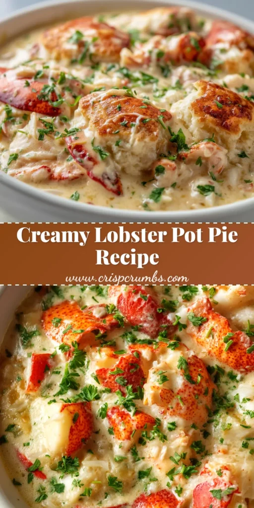An overhead shot of a golden-brown, flaky lobster pot pie in a white ramekin, ready to be shared. The perfect Lobster Pot Pie Recipe.