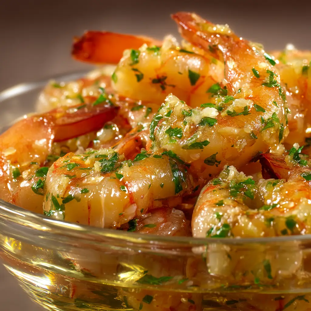 Another perspective of the butter garlic shrimp in a skillet, with a lemon wedge being squeezed over the top to finish the dish.