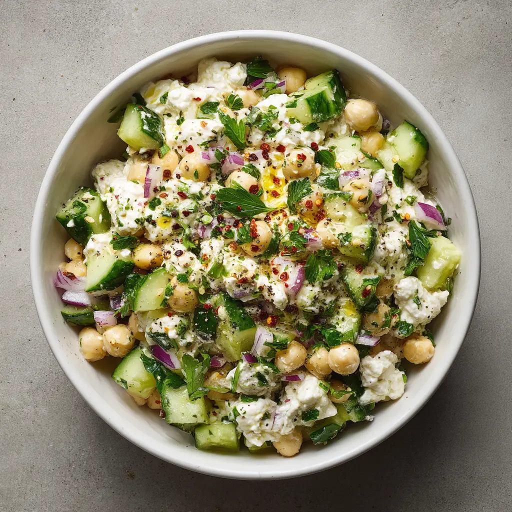 A side-angle shot of cottage cheese chickpea salad being mixed in a bowl, showing the fresh ingredients like celery and red onion.