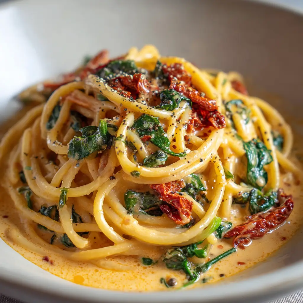 A pan shot showing the final step of making sun-dried tomato cream sauce, with fresh basil being stirred into the finished, luscious sauce.