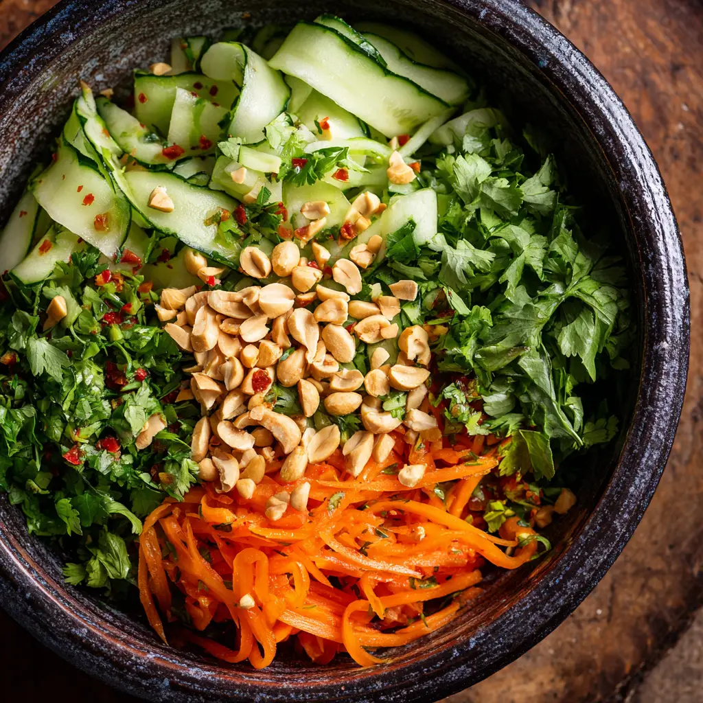 A close-up of the Thai salad dressing being poured over the freshly sliced cucumbers and shallots in a mixing bowl.