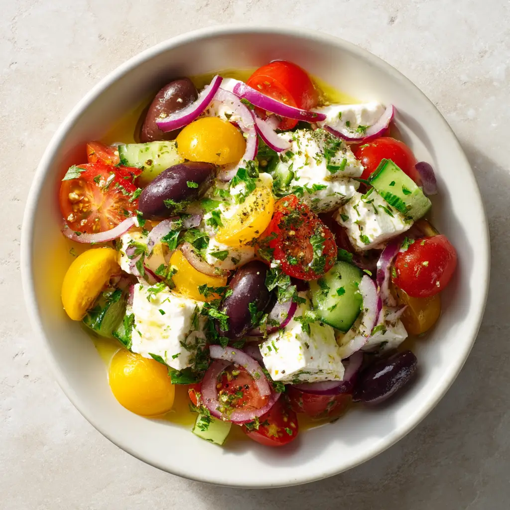 A wider overhead view of the Mediterranean cottage cheese salad, with some ingredients like lemon and dill scattered around the bowl to show what goes into the recipe.