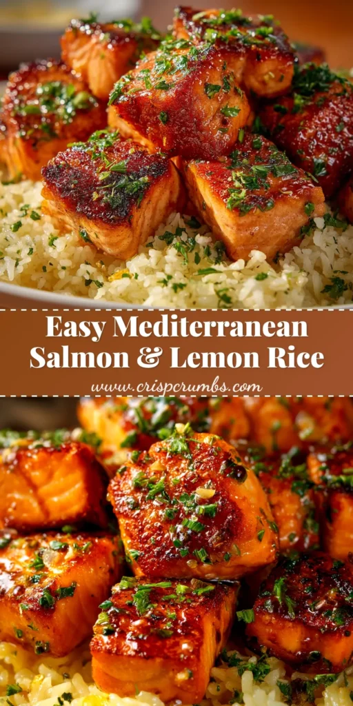 A beautiful overhead shot of Mediterranean Salmon Lemon Rice in a white bowl, garnished with fresh dill and a lemon wedge. The perfect healthy 30-minute meal.