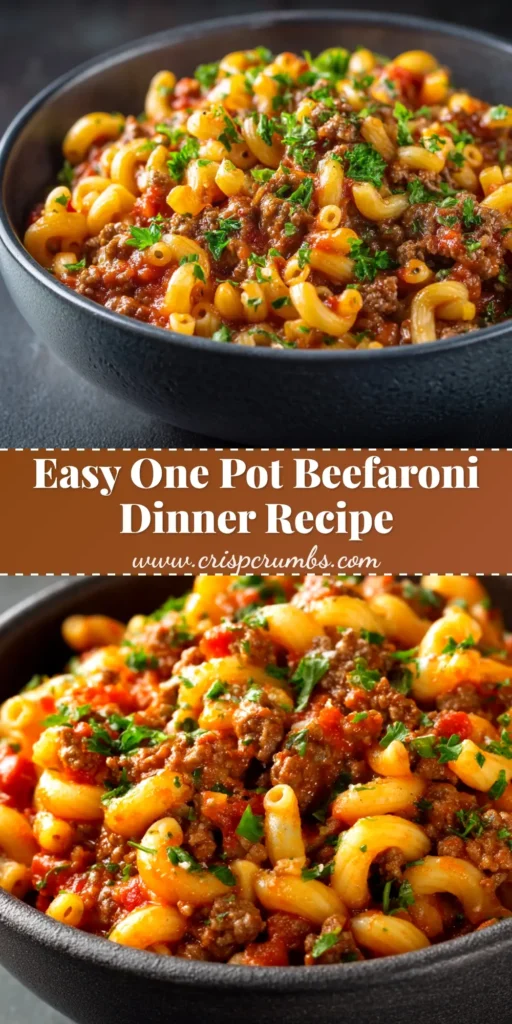 A delicious bowl of One Pot Beefaroni, garnished with fresh parsley. This easy 30-minute recipe is perfect for a weeknight dinner.