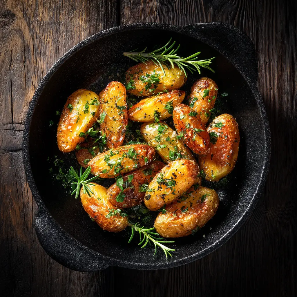 A serving dish filled with golden-brown oven-roasted fingerling potatoes, garnished with fresh green parsley.
