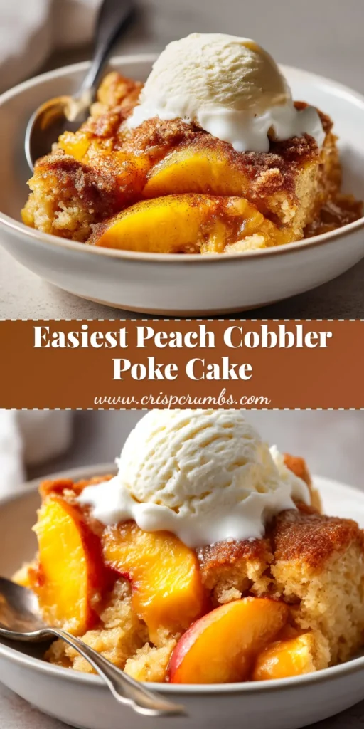 A slice of delicious Peach Cobbler Poke Cake on a white plate, showing the moist cake layers, peach filling, and creamy whipped topping. The perfect easy summer dessert recipe.