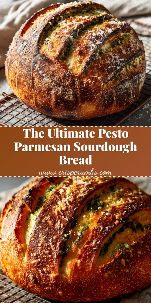 A beautiful loaf of homemade Pesto Parmesan Sourdough bread sliced open to show the stunning green swirls of pesto and melted cheese inside.