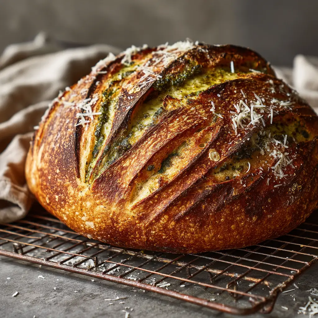 The process of laminating sourdough dough with pesto and parmesan cheese on a floured surface, creating flavorful layers.