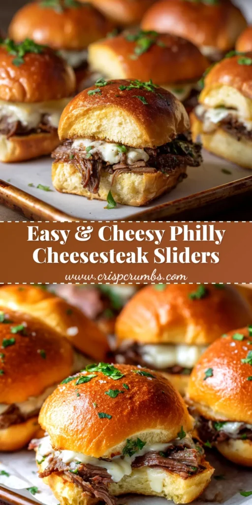 A tray of freshly baked Philly cheesesteak sliders on Hawaiian rolls, topped with a golden garlic butter glaze and filled with beef, peppers, and melted cheese.