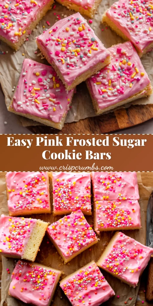 A pan of soft and chewy Pink Sugar Cookie Bars with creamy pink buttercream frosting and colorful sprinkles, with one bar cut and ready to eat.