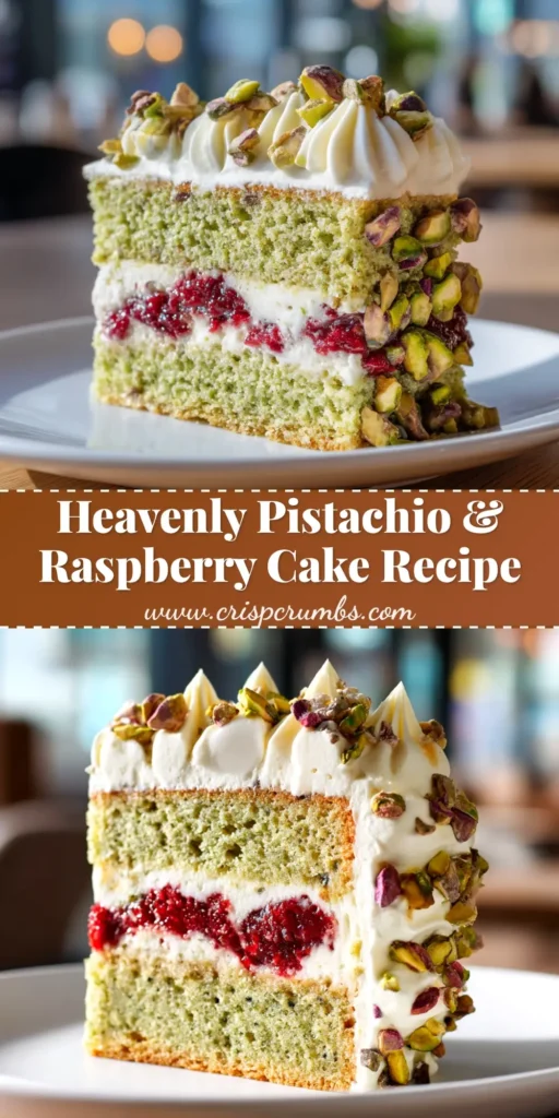 An overhead shot of a beautiful Pistachio Raspberry Cake, decorated with fresh raspberries and crushed pistachios on a white cake stand.