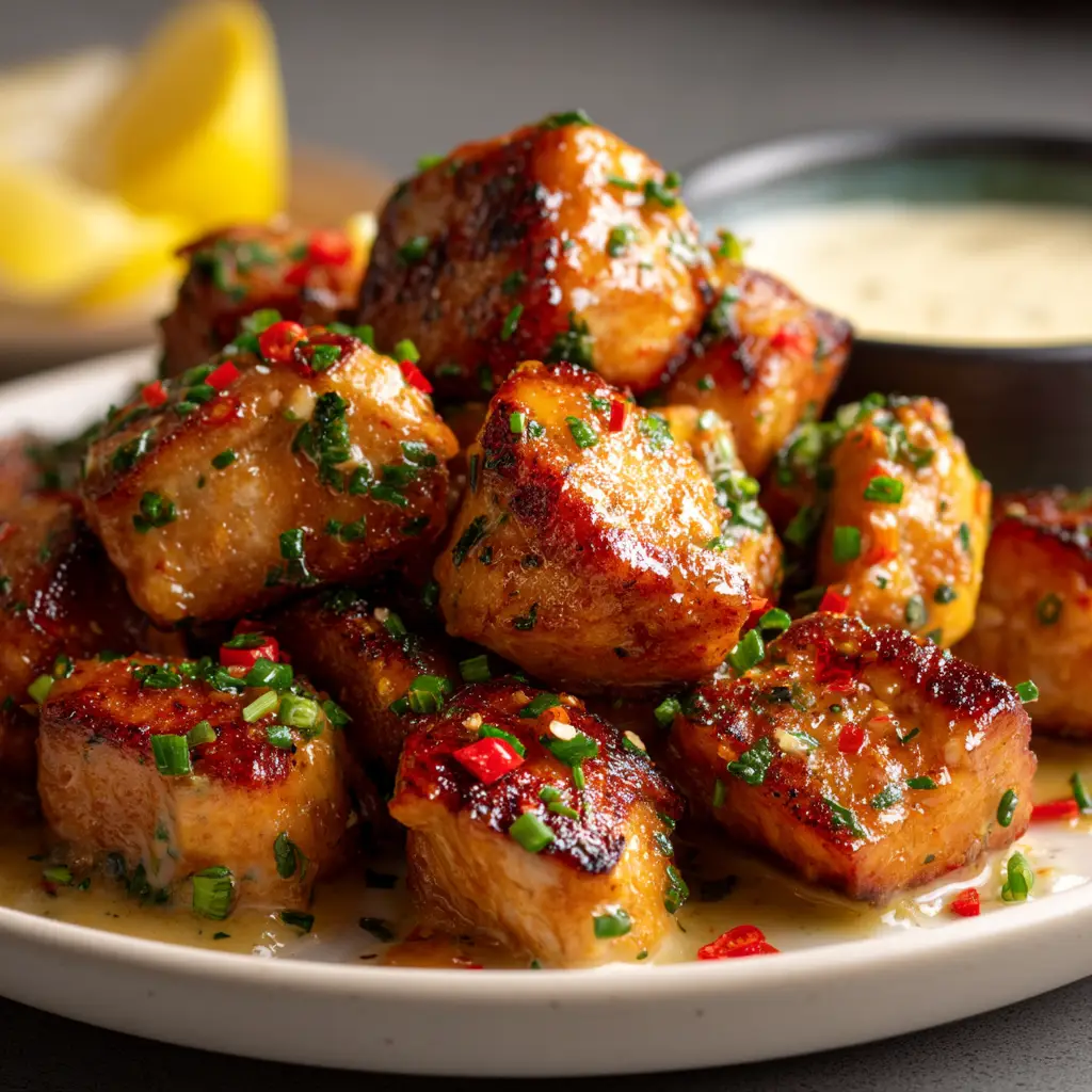 A delicious serving of Cowboy Butter Chicken Bites on a plate, ready to eat, highlighting the rich sauce and fresh herb garnish.