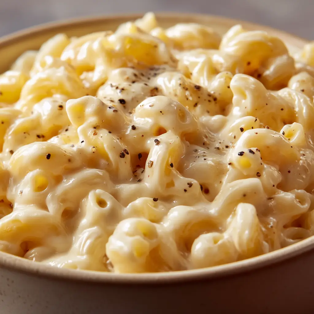 A large pot of freshly made White Cheddar Mac and Cheese being stirred with a wooden spoon, ready to be served.