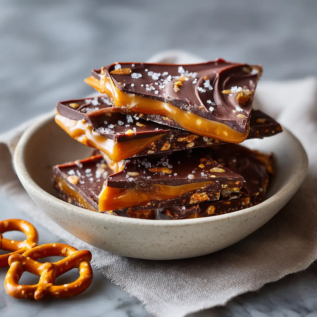 A side view of broken pretzel toffee pieces, showing the thick buttery caramel layer between the pretzels and the rich chocolate.