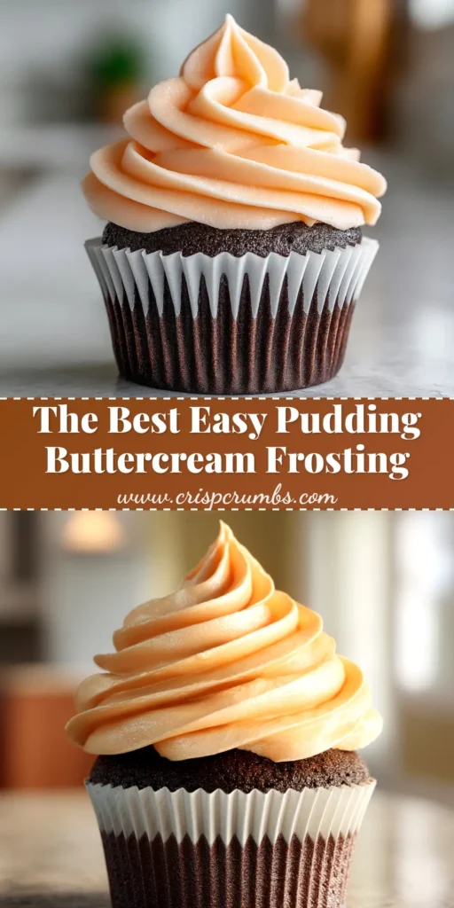 A tall pin image showing a bowl of silky Pudding Buttercream Frosting with a spatula, next to a perfectly frosted cupcake.