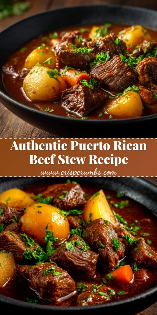A rich and hearty bowl of authentic Puerto Rican Beef Stew (Carne Guisada) with tender beef, potatoes, and carrots, ready to be served.
