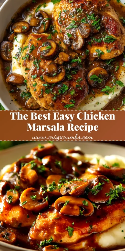An overhead shot of a skillet filled with a delicious Chicken Marsala recipe, showing tender chicken cutlets in a rich, glossy mushroom and wine sauce, garnished with fresh parsley.