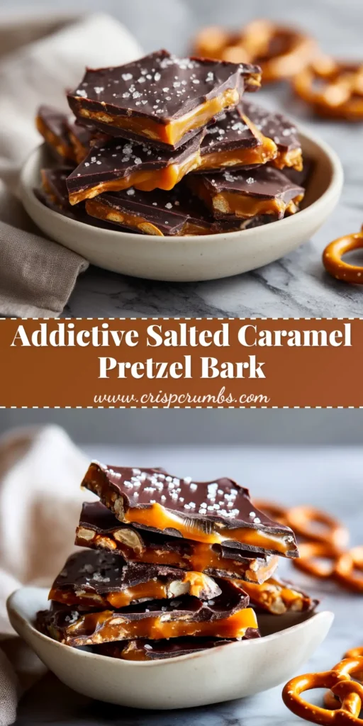 A close-up overhead shot of broken pieces of Salted Caramel Pretzel Bark, showing layers of pretzel, caramel, and chocolate, sprinkled with sea salt.