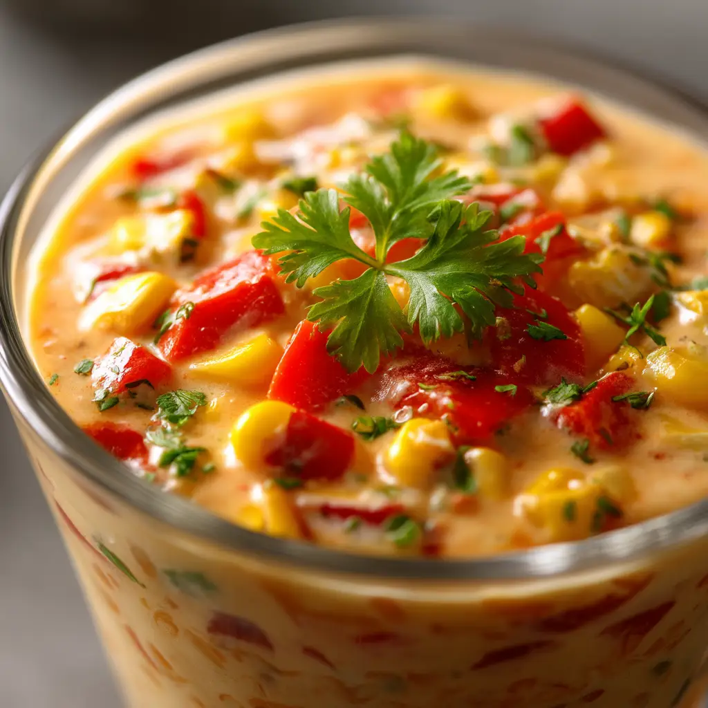 A bowl of easy party dip with a tortilla chip scooping some out, ready to be eaten.