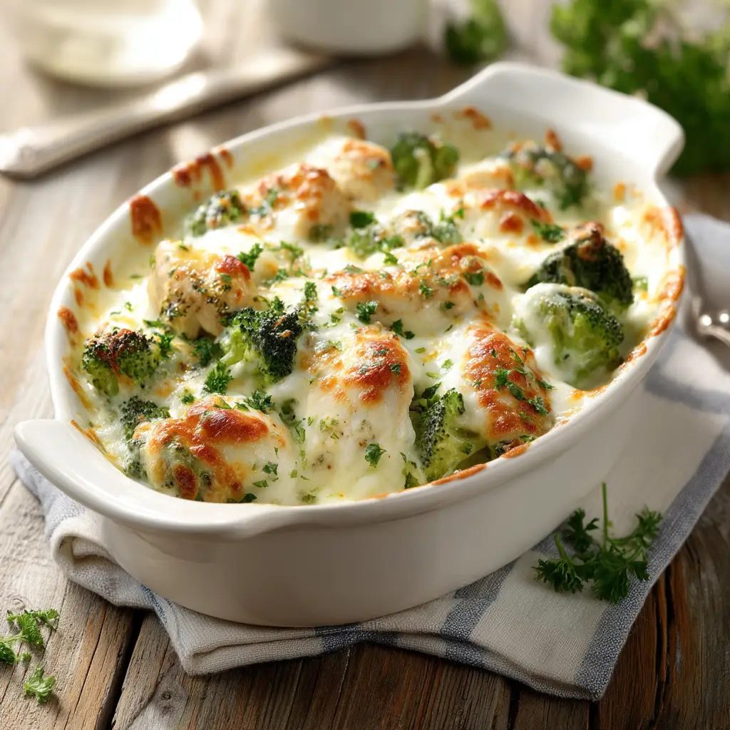 A scoop of the keto chicken alfredo broccoli bake being lifted from the dish with a spatula, creating a cheesy pull.