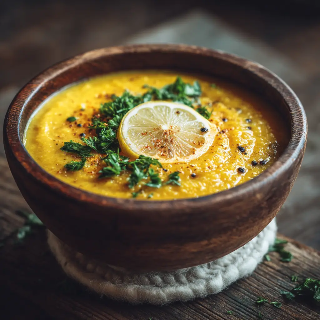 A spoonful of the detox lemon lentil soup being lifted from a bowl, garnished with fresh herbs.