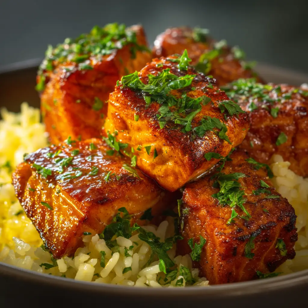 A spoonful of Mediterranean salmon lemon rice being lifted from the bowl, showing the fresh tomato, feta, and cucumber topping.