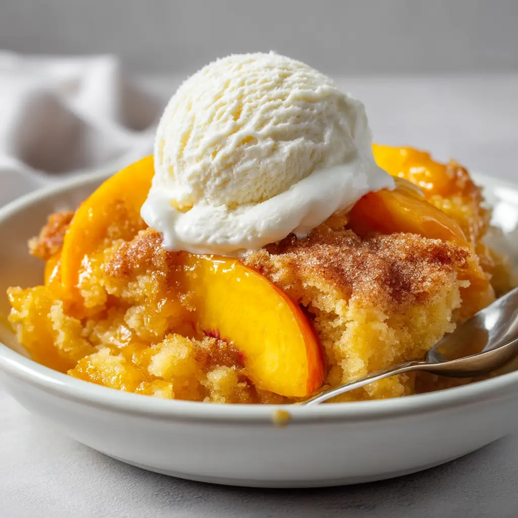 A spoonful of peach cobbler poke cake being lifted from the full 9x13 inch pan, showcasing its creamy topping and gooey peach layer.