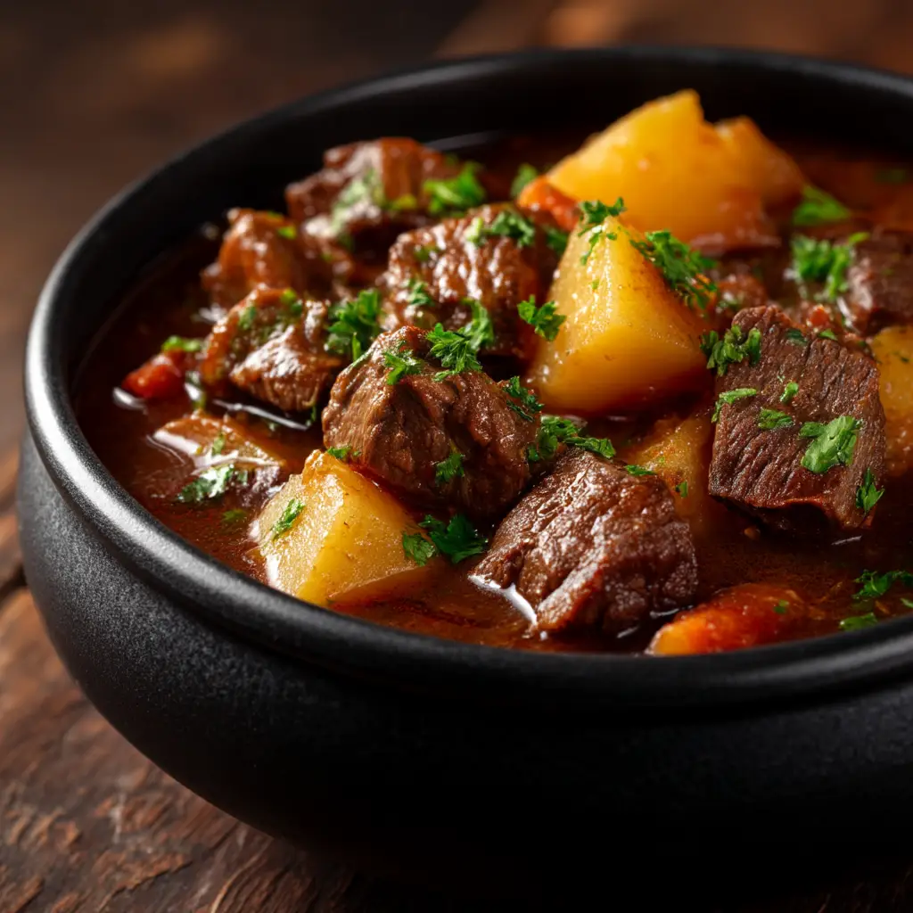 A spoonful of Puerto Rican beef stew being lifted from a bowl, showing the potatoes, carrots, and rich broth.