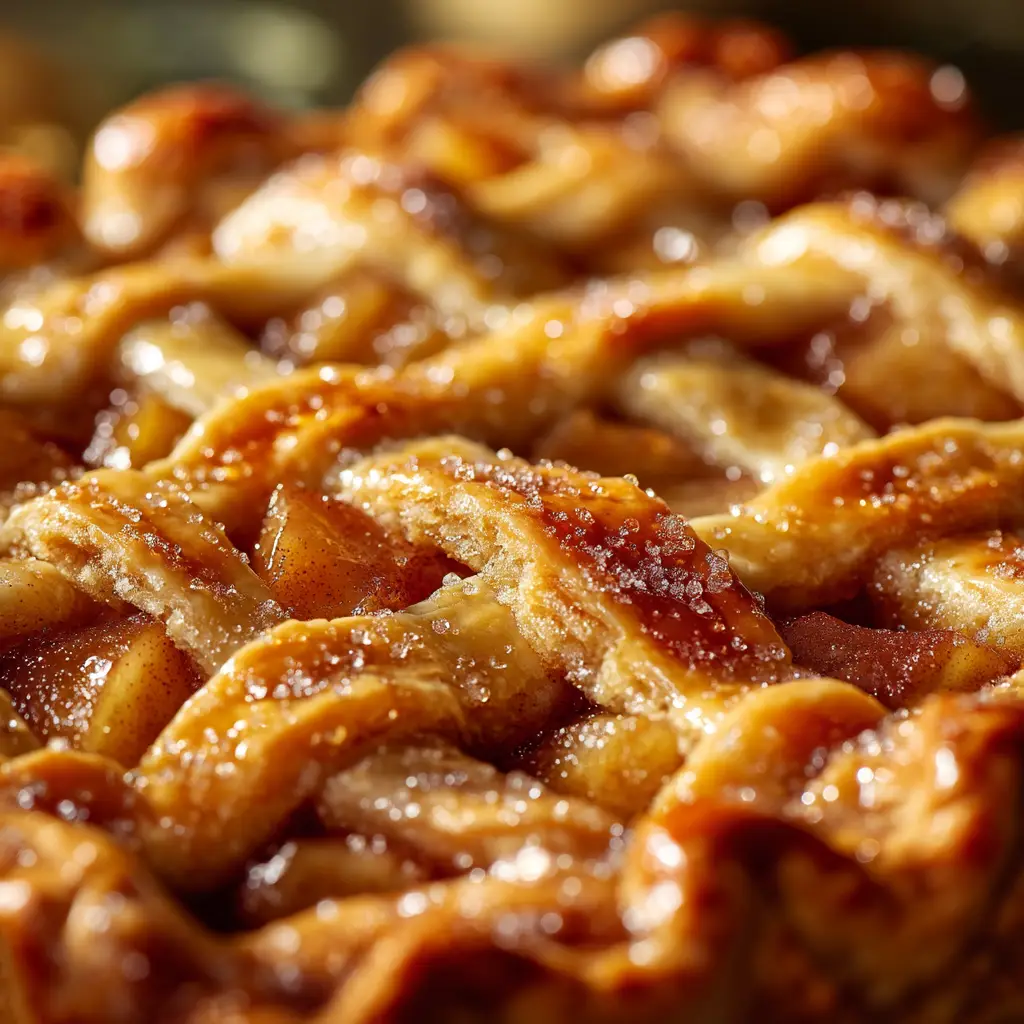 An extreme close-up of the spiced apple filling for the slab pie in a large bowl, showing thinly sliced apples coated in cinnamon and sugar.